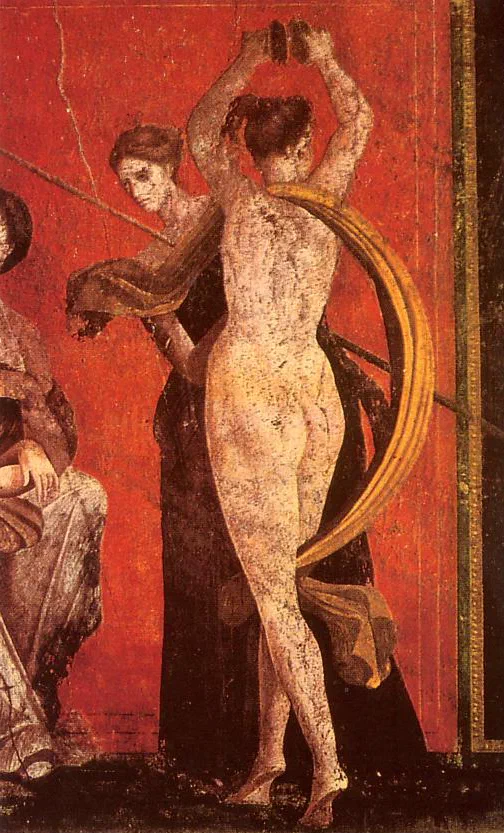 Dionysischer Fries mit gegeißeltem Mädchen und Bacchantin, Detail aus dem Mysteriensaal, Mysterienvilla; um 60/50 v. Chr.