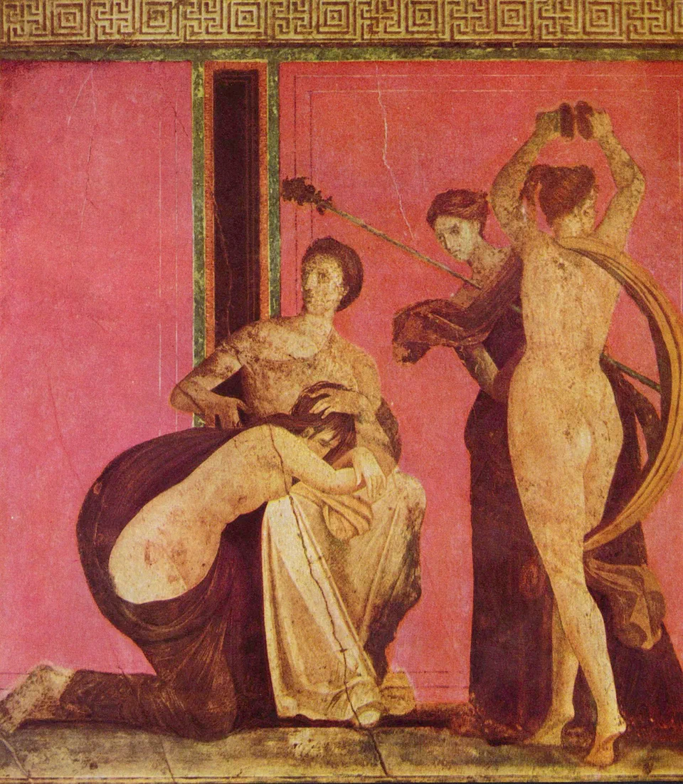 Dionysischer Fries mit gegeißeltem Mädchen und Bacchantin, Detail.