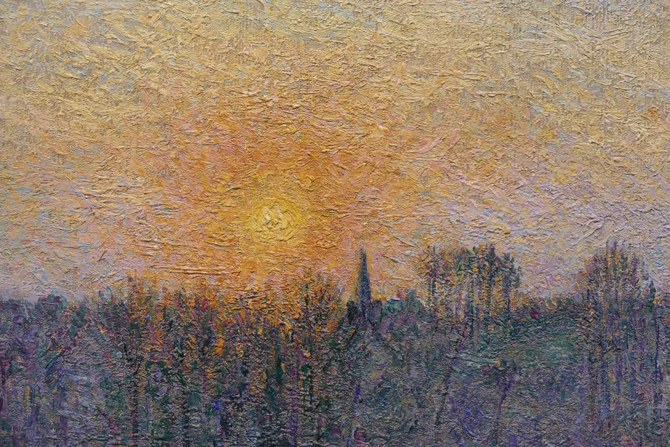 Detail of the painting "View of Bazincourt, Sunset" by Camille Pissarro